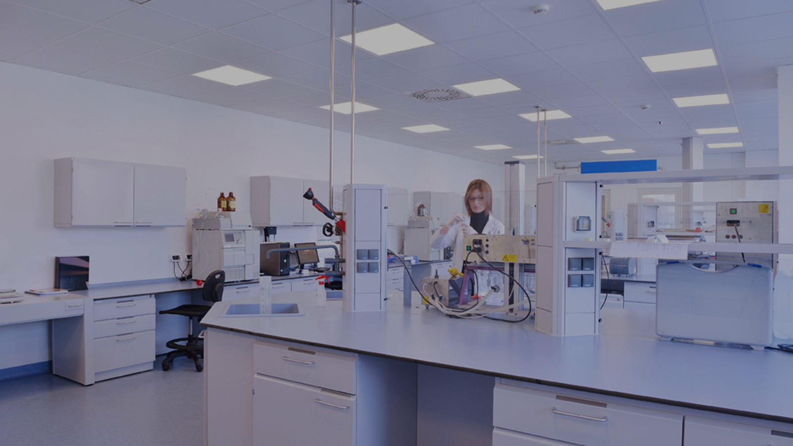 Healthcare professional reviewing patient results on laboratory analyzers.